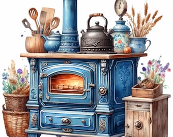 10 imágenes PNG de estufa vintage azul rústica para cocina, clipart en acuarela