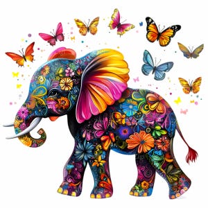 12 imágenes prediseñadas PNG de elefantes florales coloridos: arte digital de elefantes caprichosos con mariposas: ilustración de naturaleza vibrante