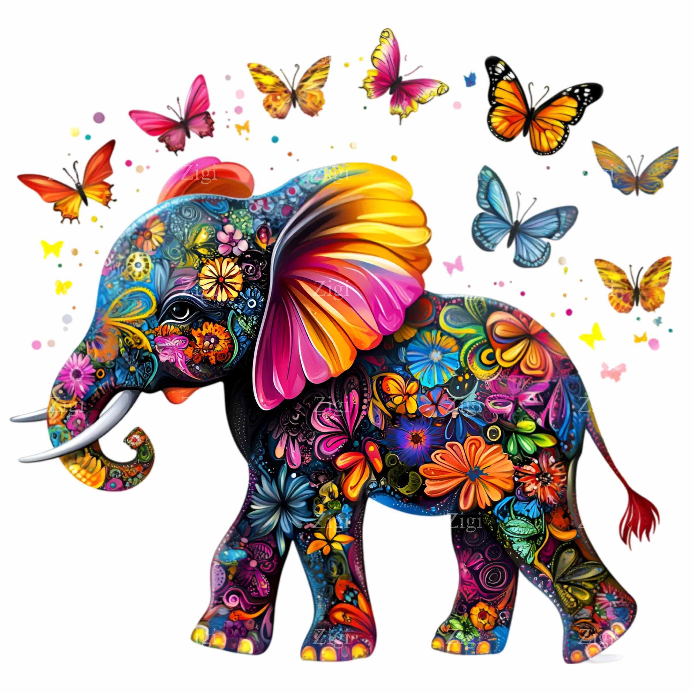12 Colorful Floral Elephant PNG Clipart - Whimsical Elephant with Butterflies Digital Art - Vibrant Nature Illustration