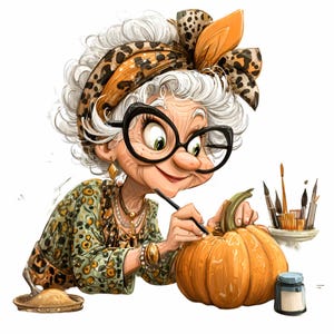 May include: Cartoon illustration of an elderly woman with glasses carving a pumpkin. She wears a leopard print headscarf and a green patterned top. Paintbrushes and a small paint jar are visible.