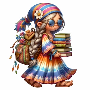 21 PNG Ilustración de niña leyendo – Amante de los libros PNG – Clipart de estudiante colorido para sublimación escolar, decoración de biblioteca, proyectos digitales