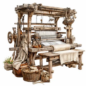 May include: A detailed illustration of a wooden loom, showcasing its intricate design. The loom is constructed from weathered wood, with a large wheel on the side and various tools and materials. Baskets and fabric are also present, suggesting a focus on textile production.