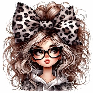 Clipart PNG di ragazza carina con fiocco leopardato e occhiali / 10 adorabili disegni di moda per gli amanti delle stampe animalier / Perfetti per progetti digitali