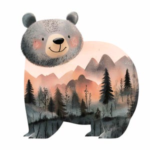 12 PNG Forest bear clipart - double exposure mountain bear PNG for nursery wall art, adventure designs, camping crafts and sublimation