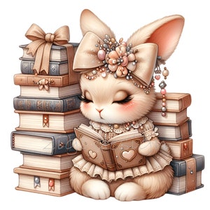 12 Vintage Bunny PNG Clipart, Simpatico coniglio che legge con libri e fiocco, Arte digitale animale da biblioteca
