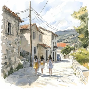 24 imágenes JPEG de tres chicas caminando por una calle de pueblo, ilustración de un paisaje campestre de verano, arte de viajes por el Mediterráneo