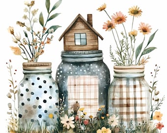12 PNG Mason Jar Cottage Clipart, grafika z motywem kwiatowym w stylu wiejskim