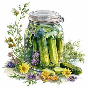 28 JPEG Clipart de pote de picles JPG, Arte de cozinha com pepino, endro e ervas, Impressão de vegetais de jardim rústico, Decoração de despensa de fazenda