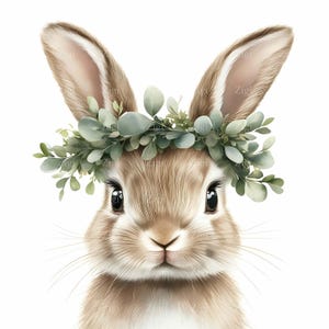 12 JPEG Conejito con corona de eucalipto, retrato de animal del bosque, ilustración inspirada en la naturaleza, descarga digital JPEG