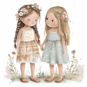 28 JPEG Deux filles se tenant la main JPEG Clipart - Illustration florale rustique pour travaux manuels, impressions et projets artistiques