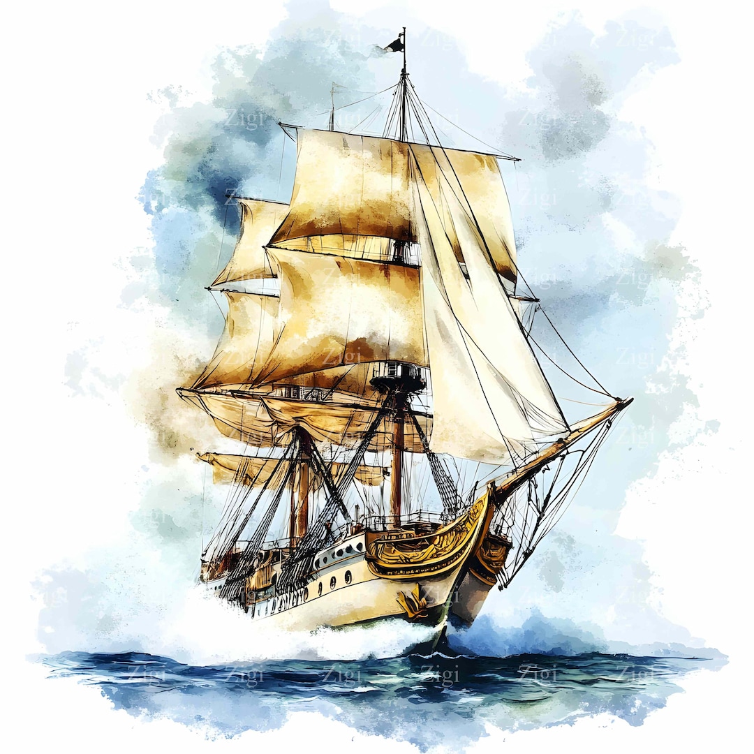 28 Watercolor Tall Ship Jpg, Vintage Sailboat Ocean Wave