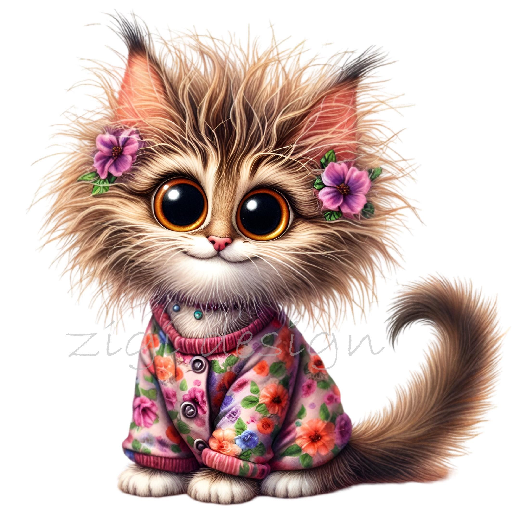12 PNG Floral Cat Clipart – Whimsical Kitten Illustration With Colorful ...