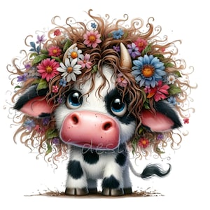 14 graziosi PNG Clipart di mucca delle Highlands – Vitello bianco e nero con capelli ricci e fiori colorati – Arte animale stravagante