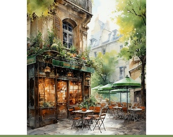 40 JPG Parisian French Cafe Watercolor Street Scene