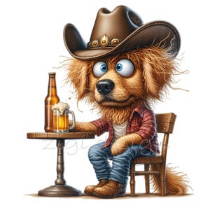 15 Funny Cowboy Dog PNG Clipart, Western Dog with Beer Digital Art, Country Bar Canine Illustration, Instant Download
