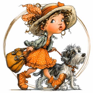 12 PNG Girl with Dog Clipart – Orange Dress Fashion PNG – Cute Pet Walk Illustration for Kids Crafts, Stickers, Planner Pages