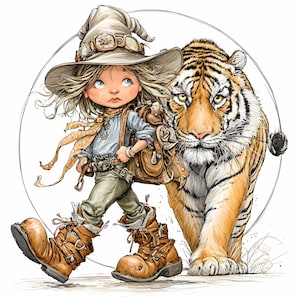 12 JPEG Abenteurer Mädchen mit Tiger - Dschungel JPG Clipart - Tapferes Kind und wilde Tierkunst für Kinderzimmerdekoration, Geschichten oder druckbares Kunsthandwerk