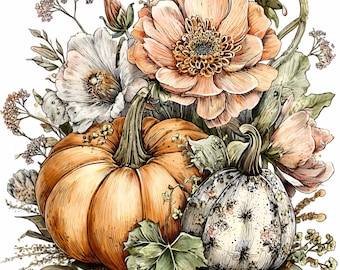 10 Fall Pumpkin Bouquet Png, Floral Harvest Art, Autumn Flower Graphic