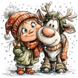 27 Images clipart fille hiver et renne JPEG - JPG dessin animé mignon enneigé - Impressions d'art des fêtes pour enfants, cartes de voeux, travaux manuels, pages d'agenda