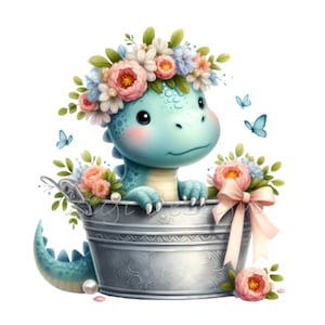 12 PNG floral dinosaur clipart – cute dino in bucket png – pastel baby art for nursery decor, kids crafts, birthday prints, digital download