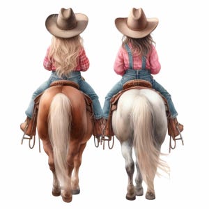 19 ウエスタン カウガール クリップアート、馬に乗った 2 人の田舎娘、ロデオ馬術 PNG