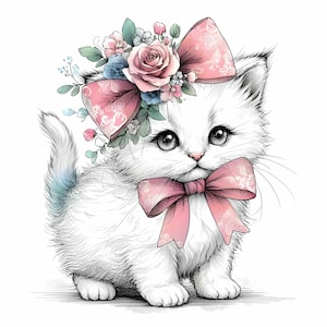 15 JPEG Cute Kitten Clipart With Big Eyes and Floral Bow, Baby Cat JPEG ...