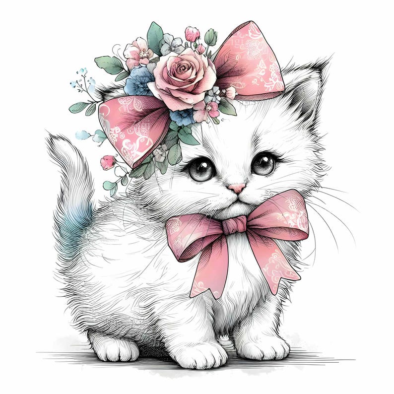 15 JPEG Cute Kitten Clipart With Big Eyes and Floral Bow, Baby Cat JPEG ...