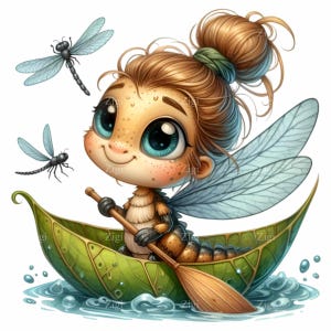 15 Dragonfly Girl Clipart PNG – Ragazza insetto carina con ali che rema con barca a remi, occhi grandi, gocce d'acqua e libellule – Scarica