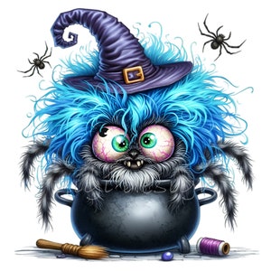 Halloween Spider Clipart 14 PNG, ragno dai capelli blu nell'illustrazione del cappello da strega, arte divertente spettrale, download istantaneo