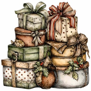 Peut inclure: Illustration à l'aquarelle d'une pile de boîtes cadeaux emballées. Les boîtes, de formes et tailles variées, sont ornées de rubans et de nœuds verts, bruns et rouges. Certaines boîtes présentent des pois, d'autres des ornements de houx et de baies, créant un thème de vacances festif.