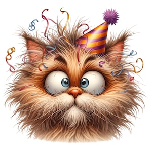 15 chats drôles de fête PNG - clipart chat d'anniversaire aux yeux sauvages - art félin humoristique pour des travaux manuels de célébration, des cartes ou des conceptions de sublimation