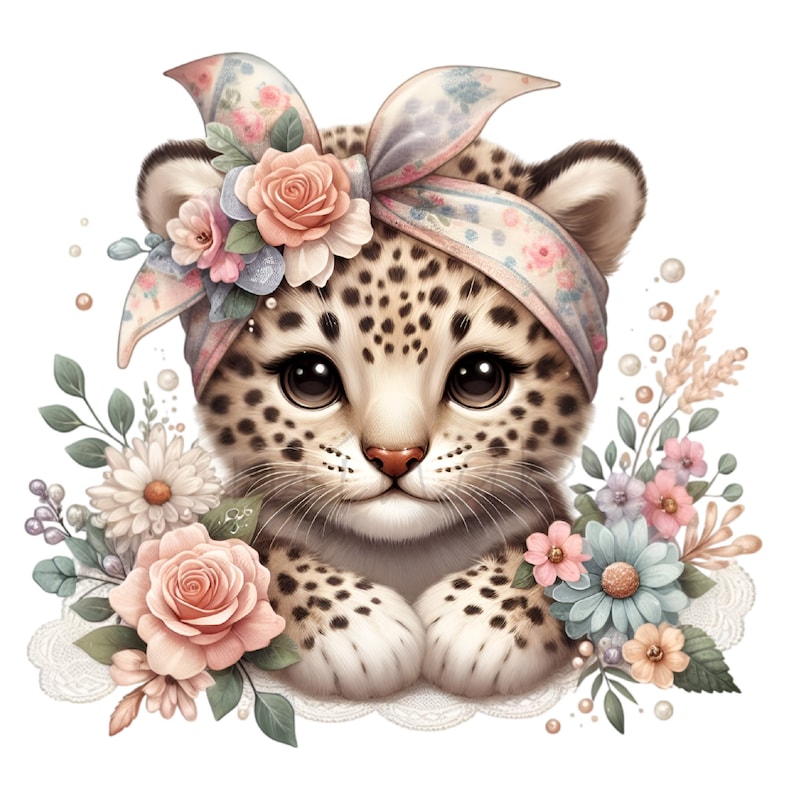 May include: A cute cartoon leopard cub wearing a pink and blue bandana with floral accents. The cub is surrounded by pink, white, and blue flowers.