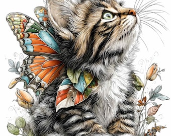虹色の蝶の羽を持つ魅惑的な黒猫 PNG クリップアート - デジタル