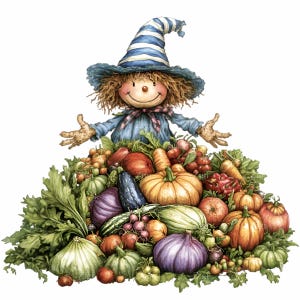 12 PNG Harvest scarecrow clipart – autumn vegetables PNG – fall farm illustration for Thanksgiving decor, invitations, sublimation designs