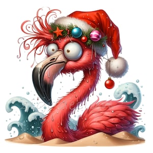 12 Noël plage PNG - Clipart flamant rose drôle - Art tropical de vacances pour sublimation, cartes de voeux, travaux manuels de Noël d'été