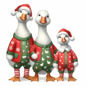 12 Trio d'oies de Noël JPEG - Images clipart JPG de canards des fêtes - Jolie famille d'oiseaux festive pour cartes, travaux manuels pour enfants, décoration d'hiver, étiquettes cadeaux