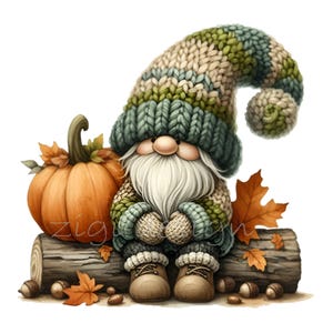 14 Gnomo di zucca PNG Clipart – Gnomo autunnale carino con cappello lavorato a maglia, ghiande, foglie autunnali, sedile in legno, arte della stagione del raccolto