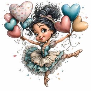 May include: A cartoon illustration of a ballerina holding heart-shaped balloons. The ballerina wears a blue and cream-colored tutu and pointe shoes. The balloons are various colors, including pink, blue, and gold. The background is white.