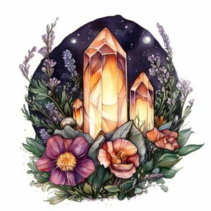 28 imágenes prediseñadas de cristales dorados JPEG, piedras preciosas brillantes con flores y fondo de cielo nocturno, arte de bosque místico imprimible