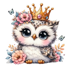 Königliche Eulen-Prinzessin mit goldener Krone und floralen Akzenten - 15 niedliche Tiere PNG Clipart für Kinder und Baby-Dekor