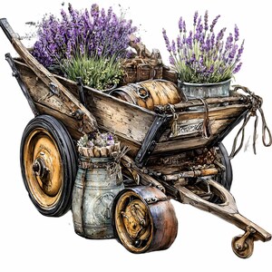 Pode incluir: Um carrinho de madeira rústico cheio de plantas de lavanda roxas em vasos e um pequeno barril. O carrinho tem rodas amarelas grandes e uma pequena roda dianteira. Um recipiente de metal com lavanda está na frente.