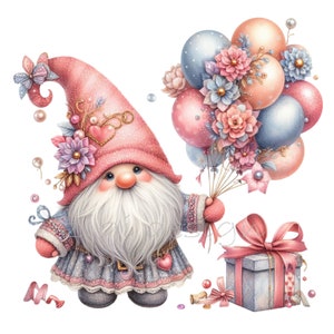 Birthday Gnome Clipart, 15 PNG Watercolor, Junk Journal, Card Making, Gift Tag, Teacher Shirt, Digital Images Sublimation Printable