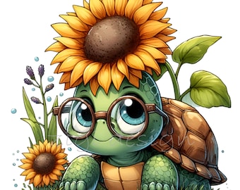 May include: A cartoon turtle wearing round glasses and a sunflower on its head. The turtle is sitting on the ground with a sunflower behind it.