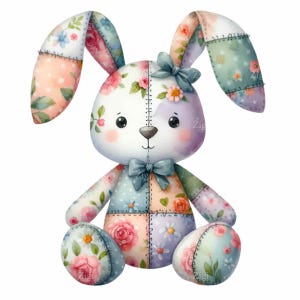 Könnte beinhalten: Ein Patchwork-Hasenspielzeug mit Blumenstoff und einer blauen Schleife. Der Hase hat ein weißes Gesicht mit schwarzen Augen und einer rosa Nase.
