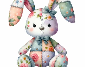 12 PNG Blumen Patchwork Bunny Clipart - Kinderzimmer-Kunst (digitaler Download)