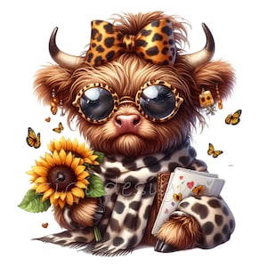 Puede incluir: Una vaca Highland marrón y blanca con un lazo de leopardo, gafas de sol y una bufanda. La vaca sostiene un ramo de girasoles y un libro con corazones en la portada.