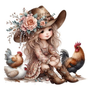 15 Clipart PNG fille et poulet - adorable cow-girl avec chapeau floral art numérique - Illustration d'animaux de ferme rustique