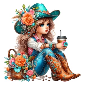 12 cliparts cow-girl PNG - fille de la campagne avec chapeau floral et café art numérique - Illustration western rustique à télécharger