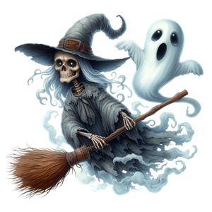 Op de afbeelding: Een skeletachtige heks met lang, golvend wit haar vliegt op een bruine bezem met een spook dat achter haar aan vliegt. De heks draagt een punthoed met een bruine band en een gescheurde grijze mantel.