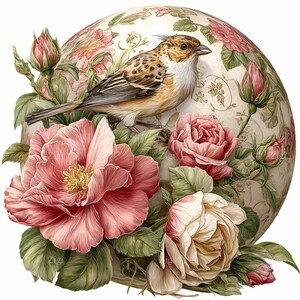 May include: A digital illustration of a bird perched on a bed of pink roses and green leaves. The bird has brown and white feathers. The background is a cream-colored sphere decorated with floral patterns and more roses.
